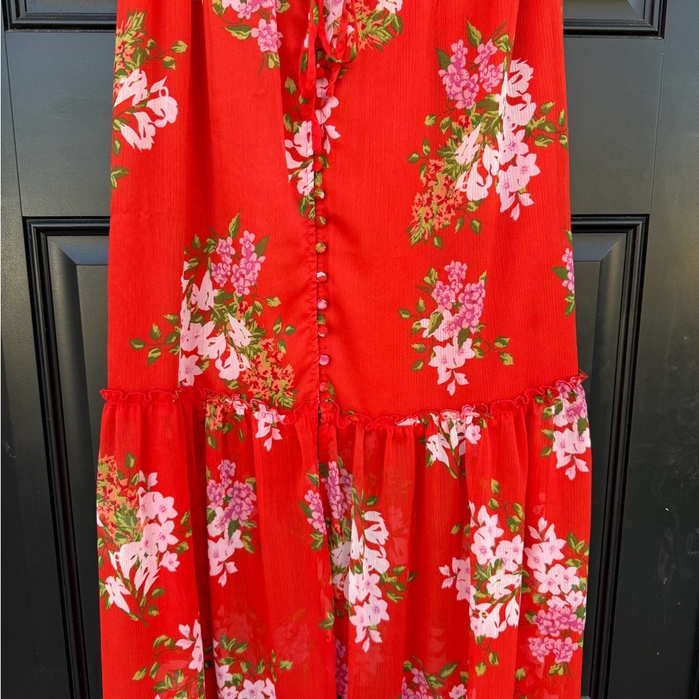 Red Floral Button-Front Midi Dress with Tie Waist - Picture 2 of 4